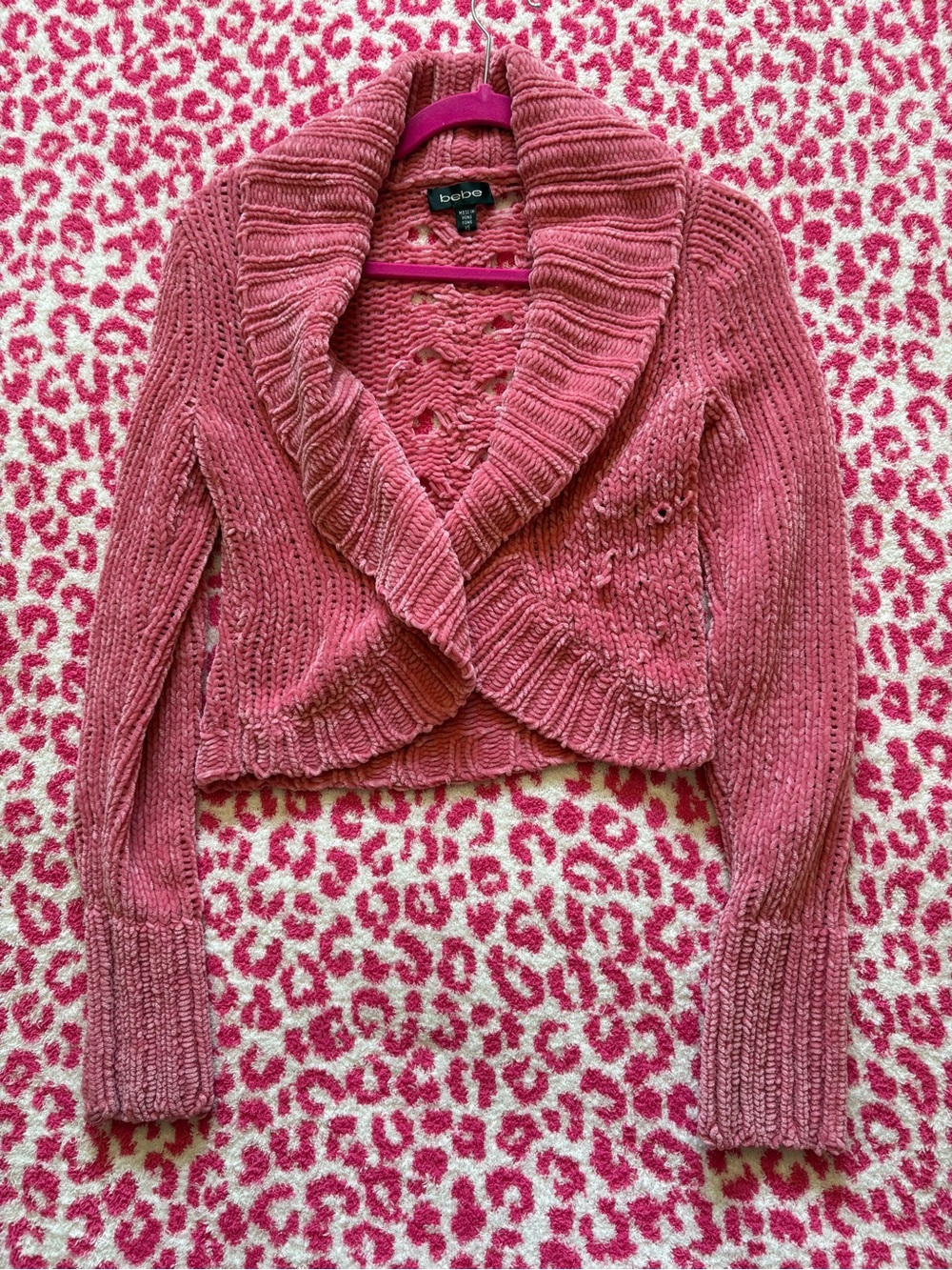 💖 Y2K Bebe Pink Chenille Cropped Cardigan Sweater | XS 💖